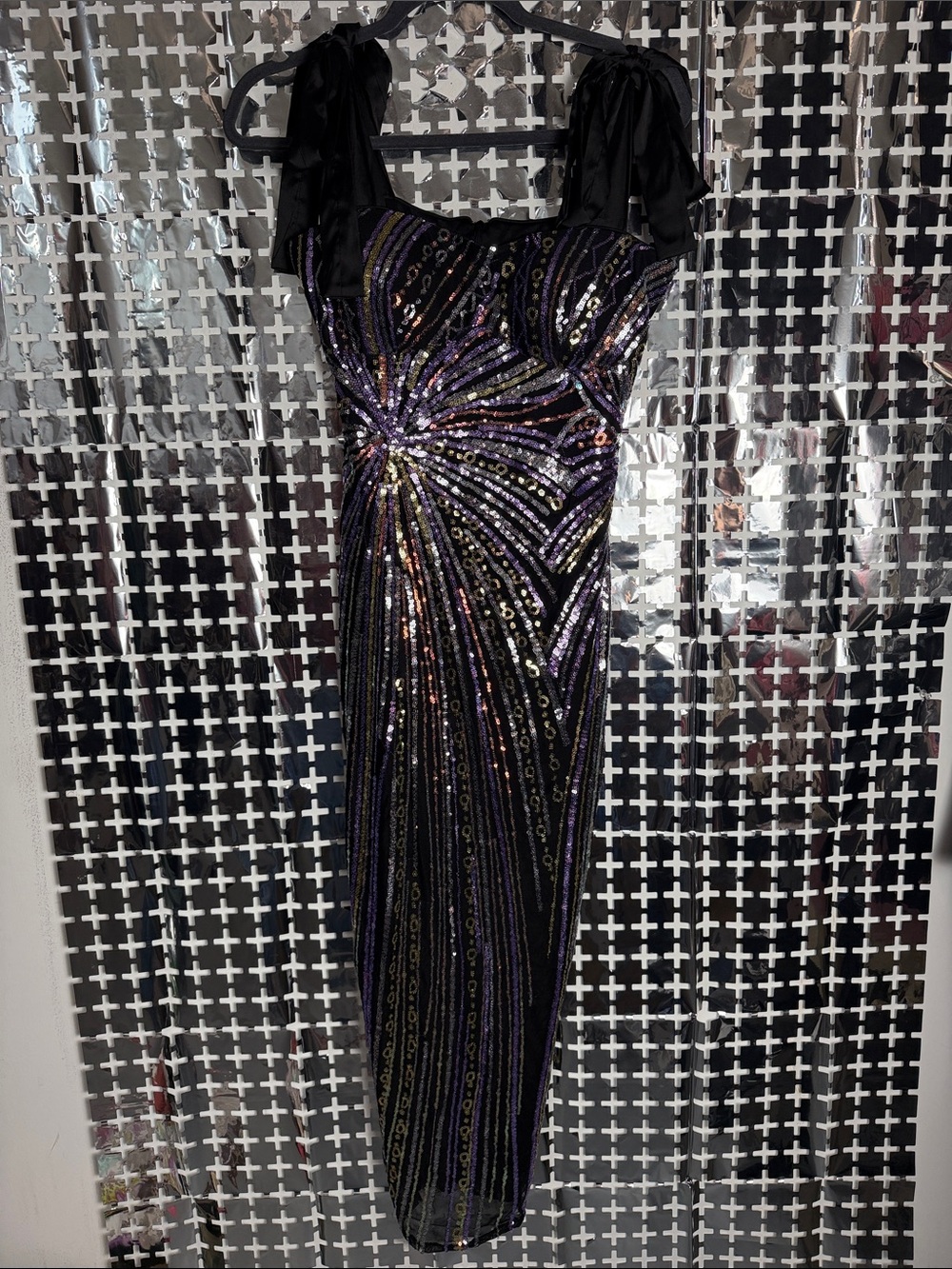 Miss Ord Black Midi Dress with Purple Sequin Burst and Tie-Shoulder Straps